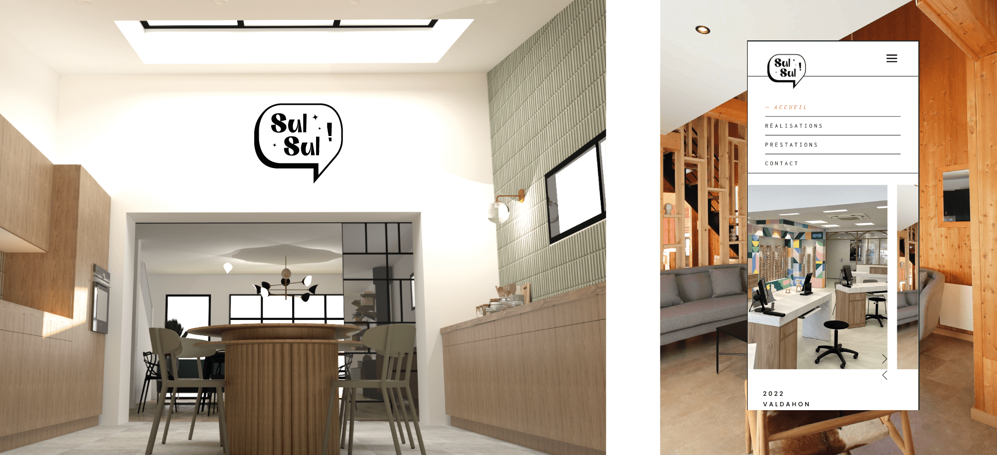 Mise en situation par représentation 3D du studio de l'agence d'architecture SulSul pour présenter l'identité graphique réalisée par l'agence de design graphique ÈS.B Studio et mise en situation du site internet en format smartphone.