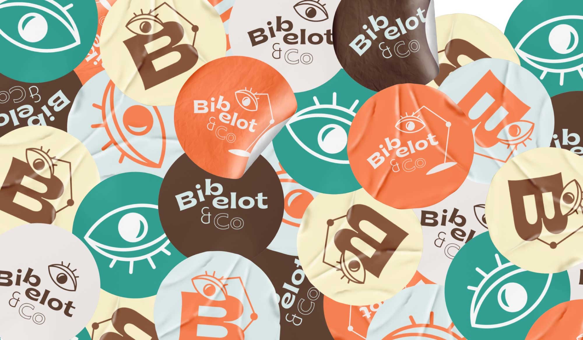 Superposition de stickers Bibelot & Co déclinés avec différentes couleurs et visuels réalisés par ÈS.B Studio.