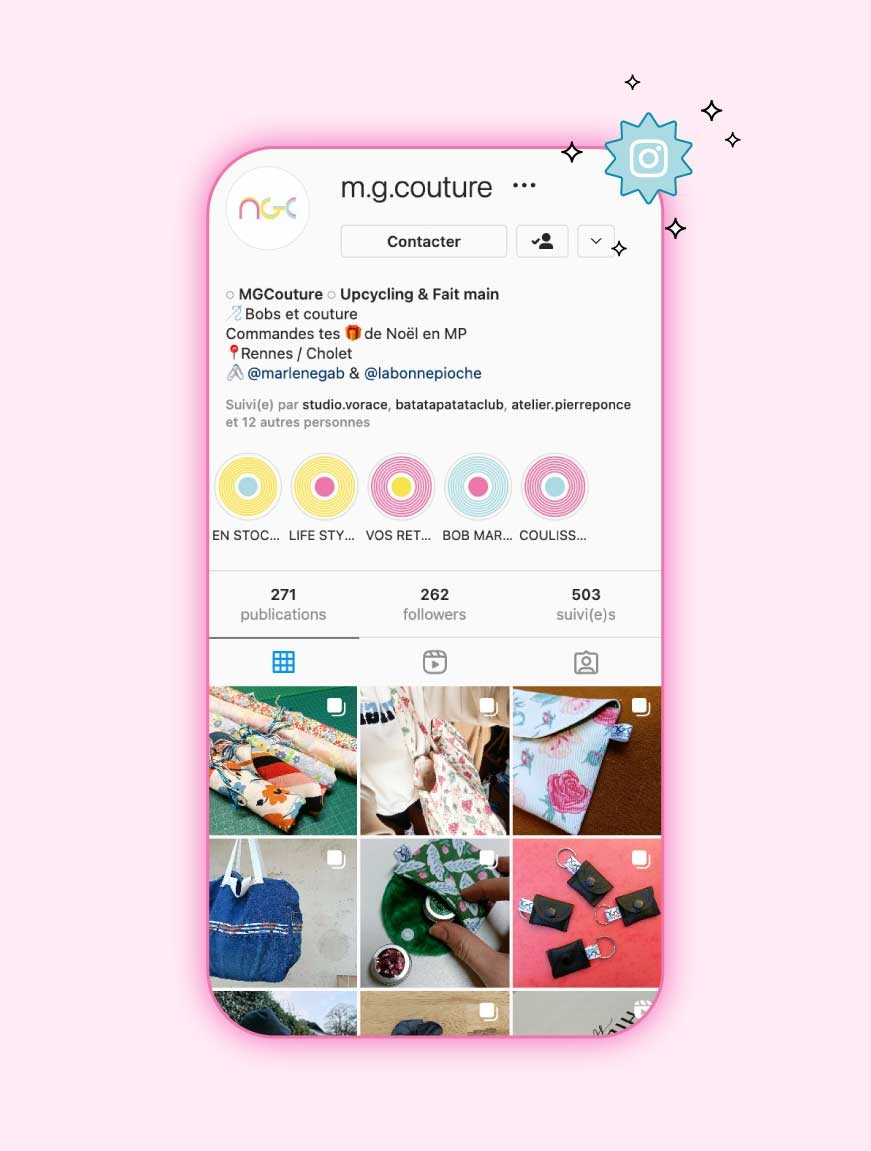 Présentation de la page Instagram de MG Couture après la formation avec l'agence de communication ÈS.B Studio à Rennes.