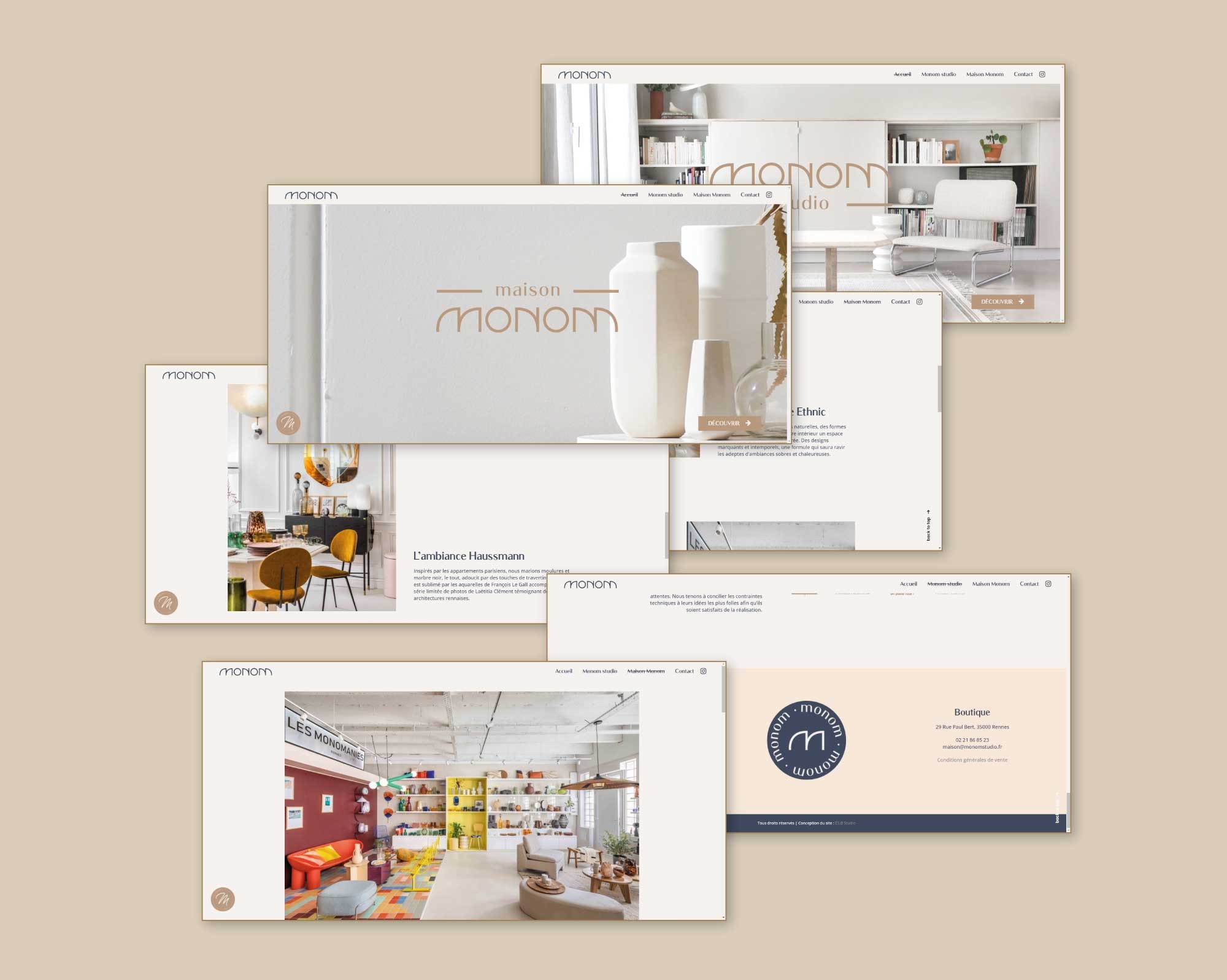 Présentation du site web de Monom par superposition de six pages internet développé et imaginé par ÈS.B Studio.