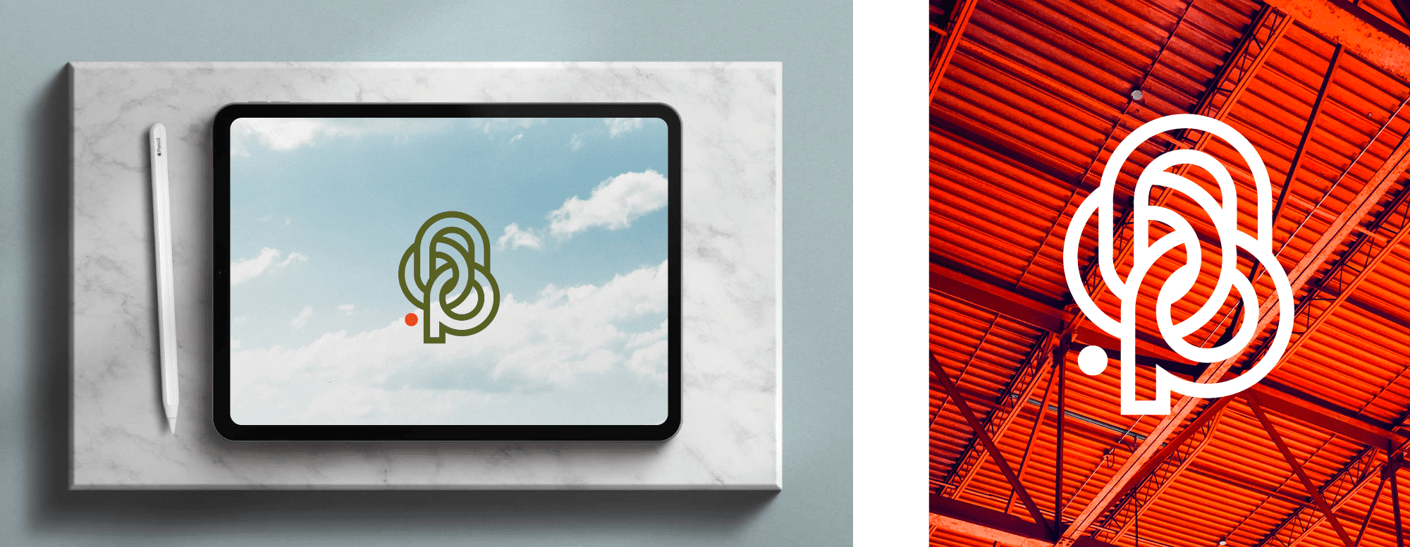Mise en situation du logo à travers un mock-up de tablette numérique présentant le logotype en couleur sur fond photographique de nuage et à travers une superposition du logo blanc sur photographie de taule orange.