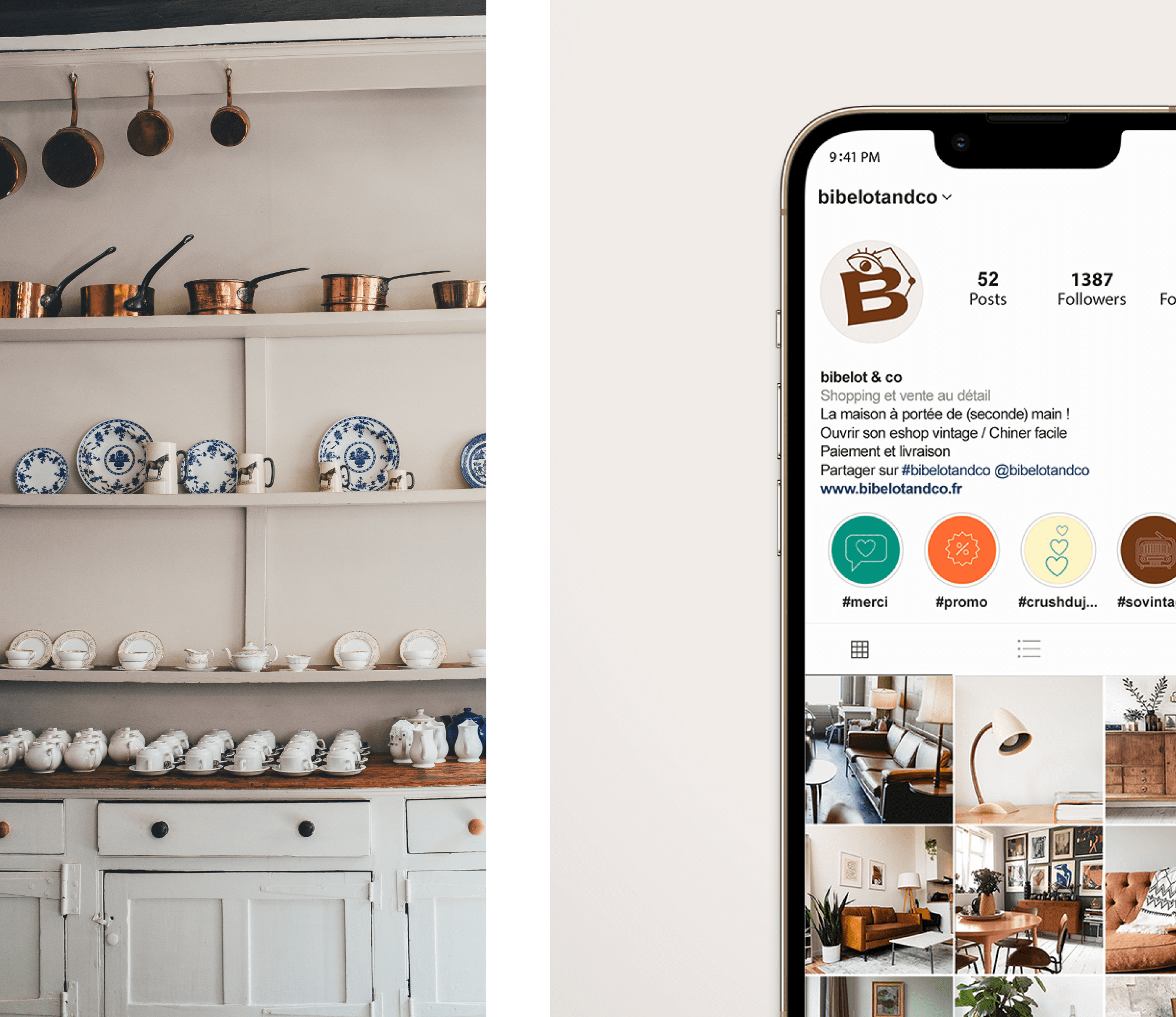 Zoom sur un meuble contenant de la vaisselle à coté d'une image du compte Instagram de Bibelot & Co réalisé par ÈS.B Studio.
