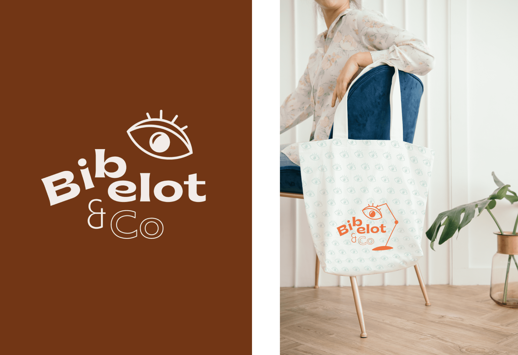 Logo de Bibelot & Co blanc sur fond coloré à coté d'une photographie du logo orange imprimé sur un tote bag blanc accroché à une chaise.