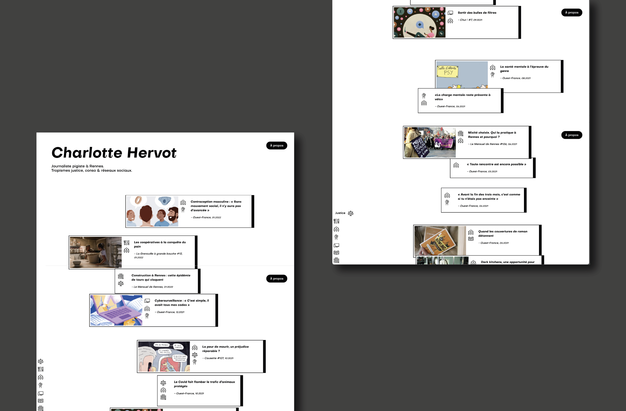 Présentation de la page à propos de Charlotte Hervot sur fond noir designé par ÈS.B Studio.