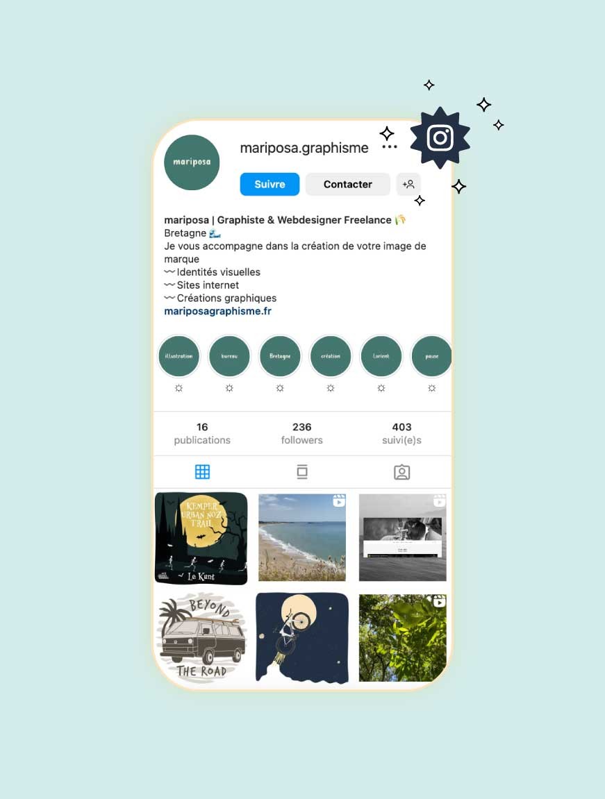 Présentation de la page Instagram de Mariposa après la formation avec l'agence de communication ÈS.B Studio à Rennes.