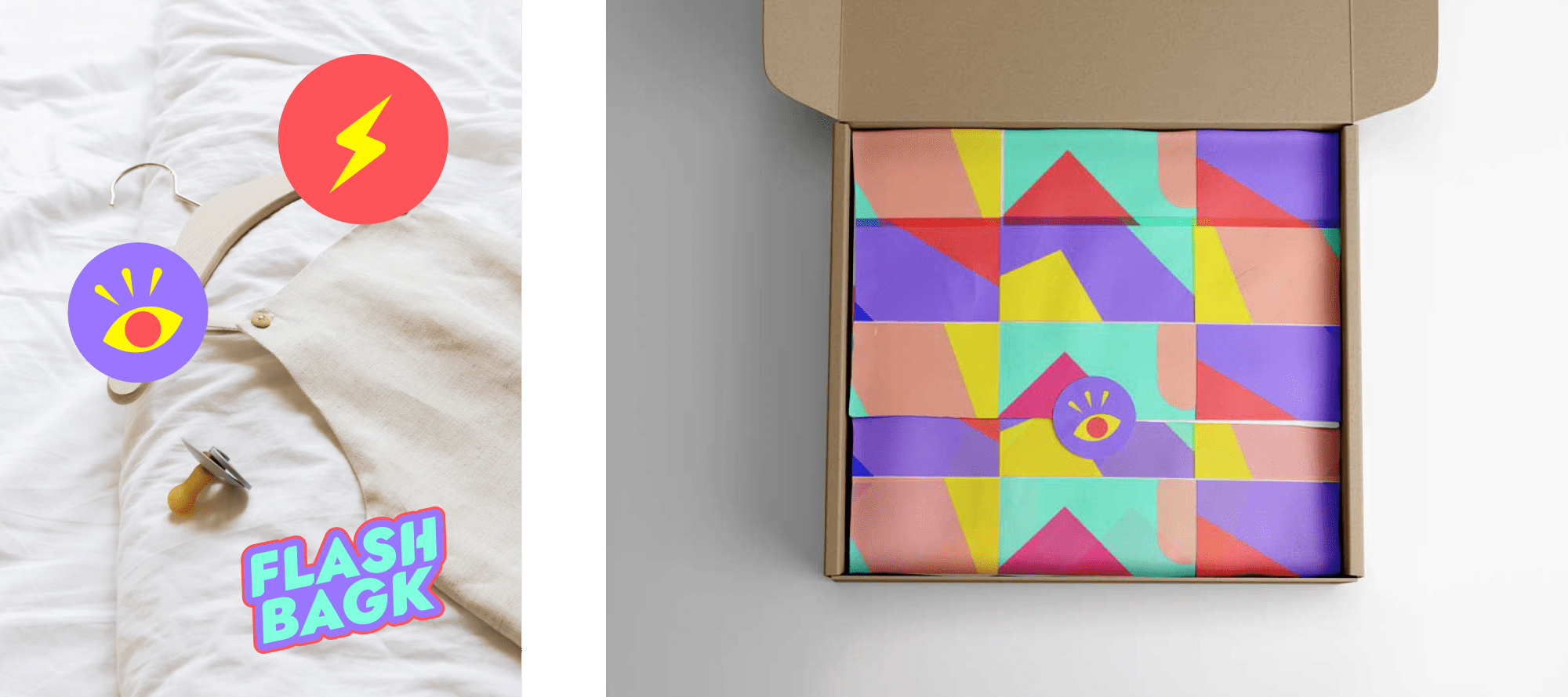 Motifs de l'image de marque de Flash Bagk rouges et violets superposés sur une photographie de vêtements à coté d'une boîte aux motifs colorés semblable à l'identité visuelle de Flashbagk réalisée par ÈS.B Studio.