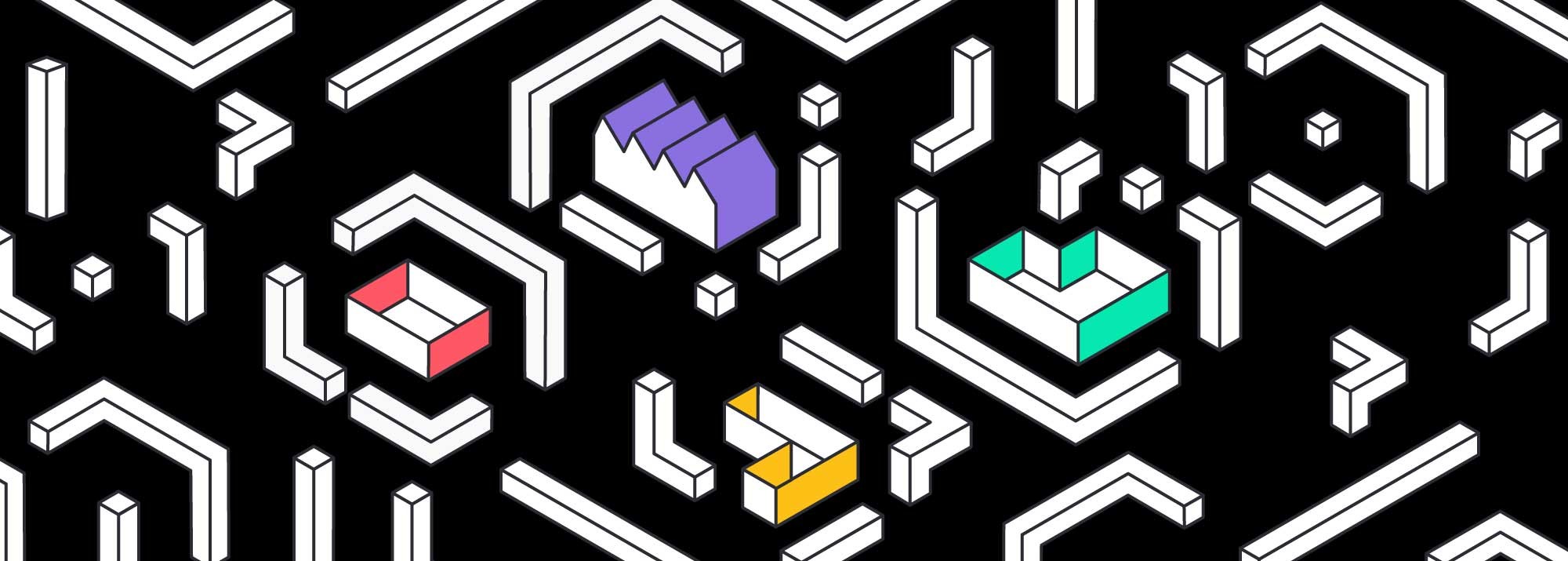 Motifs de l'identité visuelle de La Parcheminerie fond noir avec formes blanches, vertes, rose, violet, jaune.