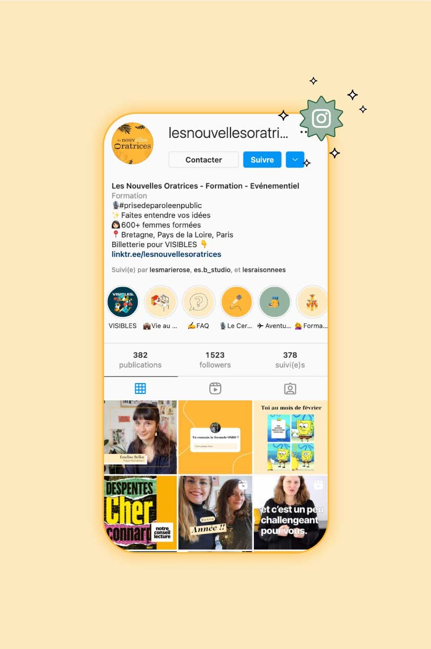 Présentation de la page Instagram des formatrices Les Nouvelles Oratrices après une formation en médias sociaux proposé par la coach en stratégie de réseaux Instagram de l'agence de communication ÈS.B Studio.