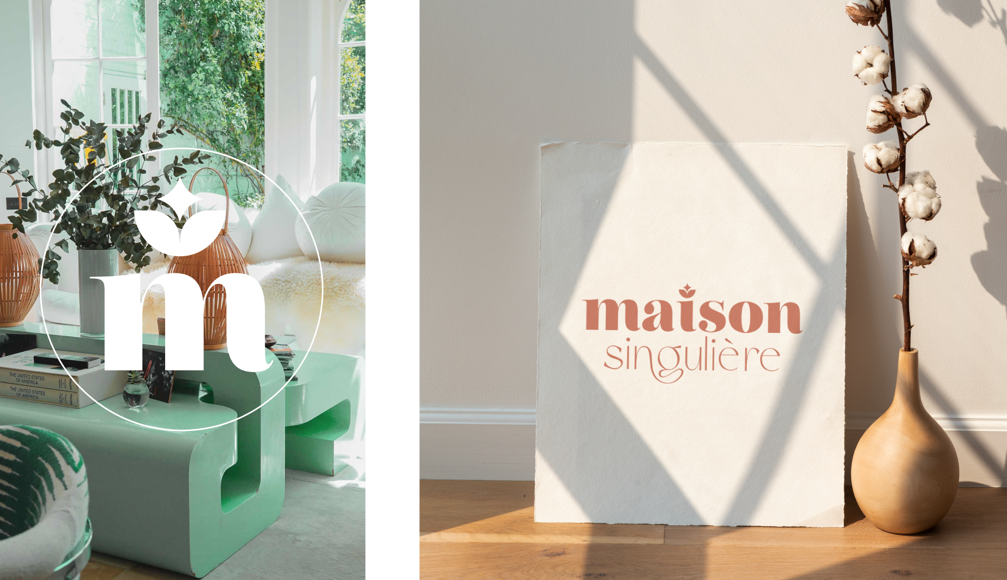 Mise en situation du logotype de Maison Singulière en blanc sur photographie couleur à coté d'un mock-up du logotype sur support papier. Travail graphique réalisé par l'agence de communication ÈS.B Studio.