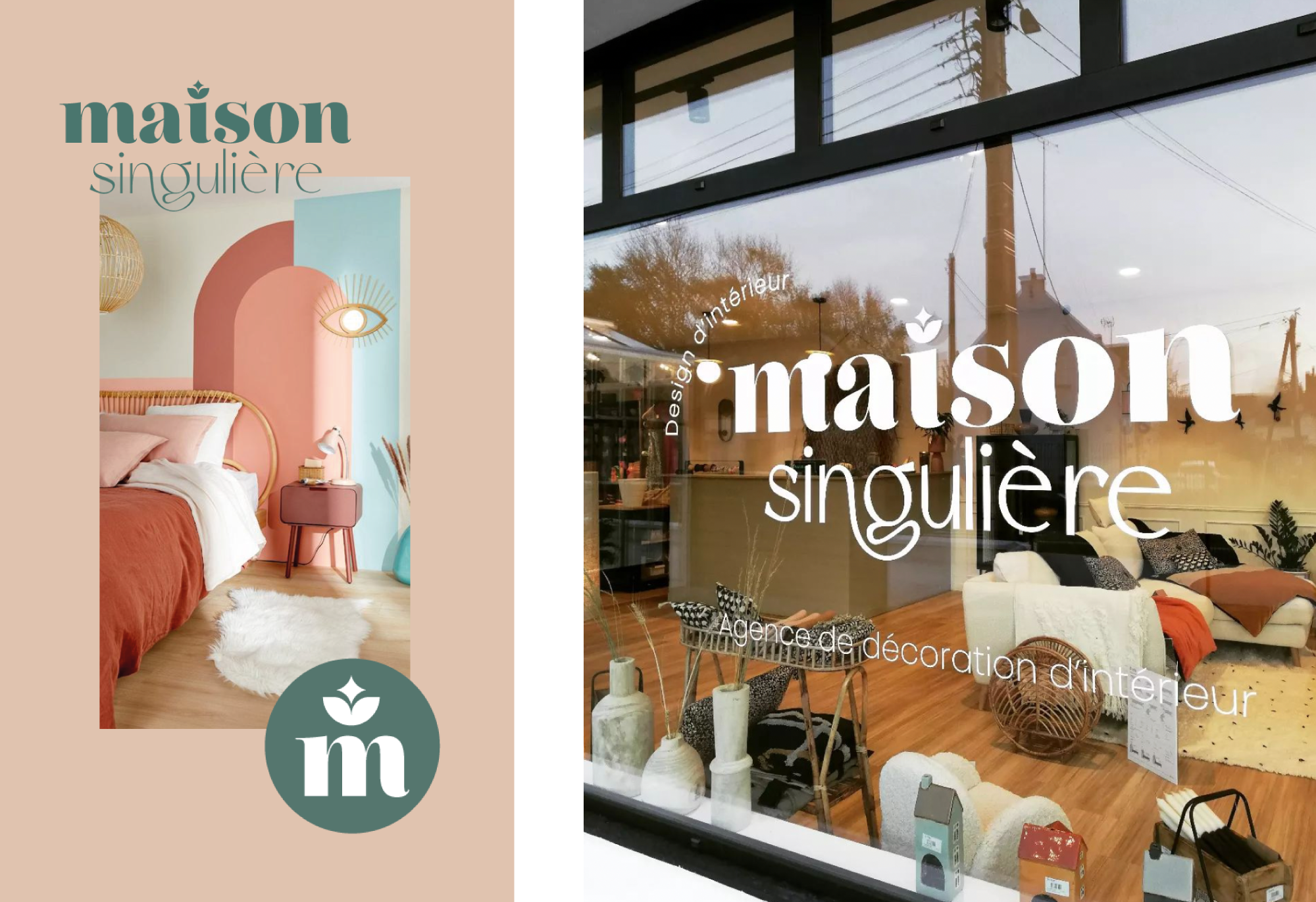 Logo de Maison Singulière en blanc sur fond bleu canard. Travail graphique réalisé par l'agence de communication ÈS.B Studio.