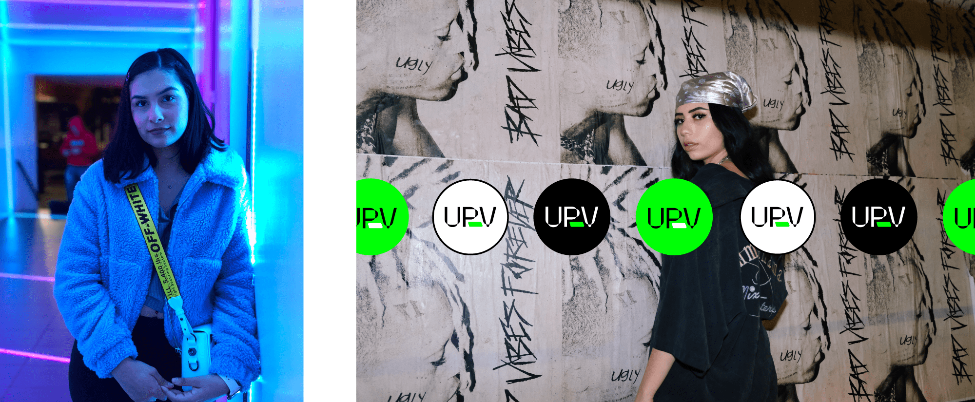 Photographies couleurs de l'identité visuelle de Up Vestiaire avec le le logotype vert noir et blanc en superposition.