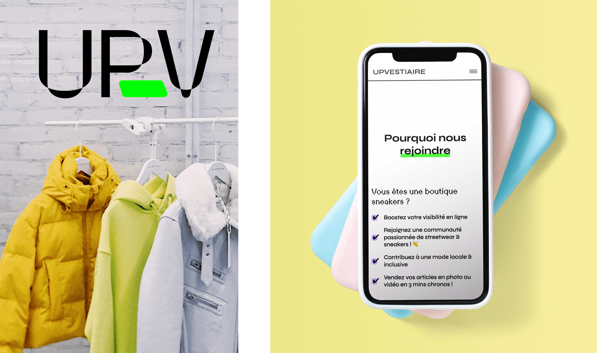 Mise en situation du Logo de Up Vestiaire sur une photographie de vêtements sur cintres à coté d'un mock-up de smartphone présentant le site internet de Up Vestiaire réalisé par ÈS.B Studio.