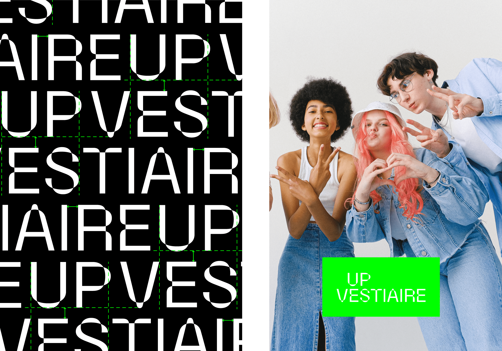 Zoom sur motifs de l'identité visuelle de Up Vestiaire à coté d'une photographie de trois personnes habillées en jeans et blanc.